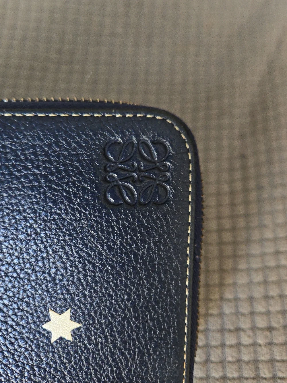 Loewe Navy Pebbled Leather Zip Wallet with Cream Star Accents